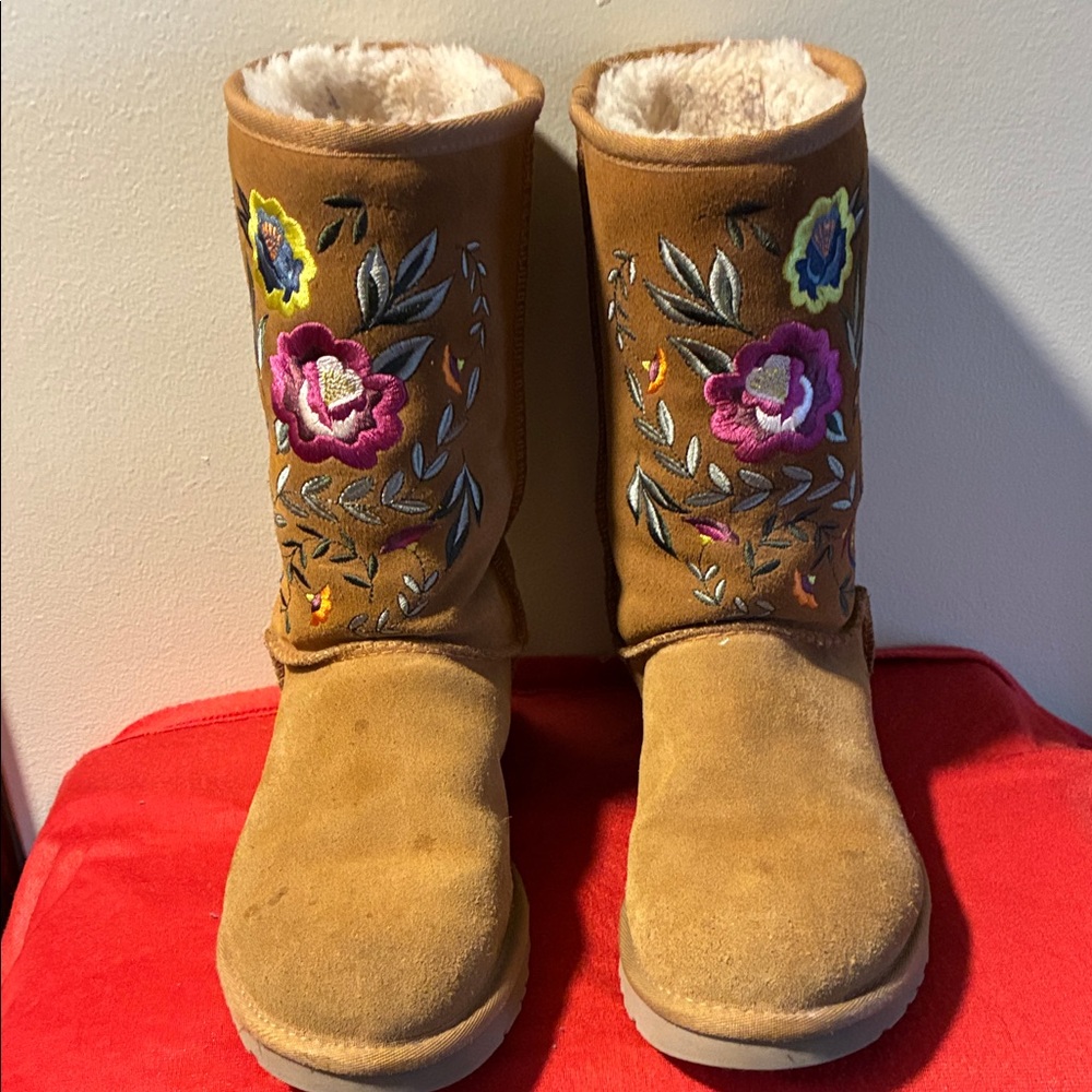UGG Tan Boots with Floral Embroidery